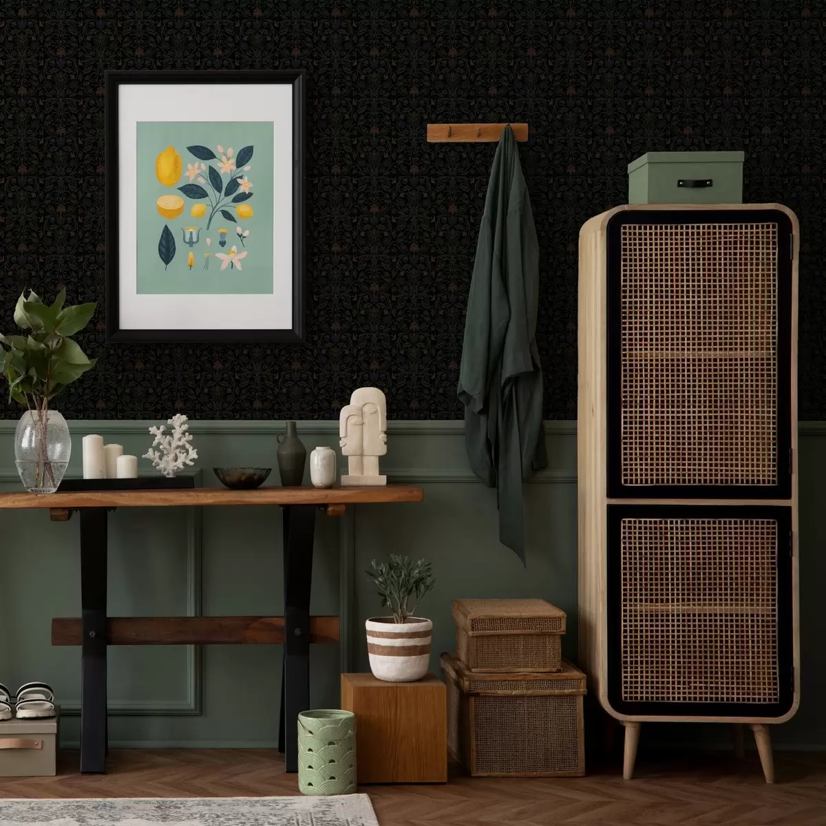 Papier peint Ornement sombre avec des plantes de style classique a00412
