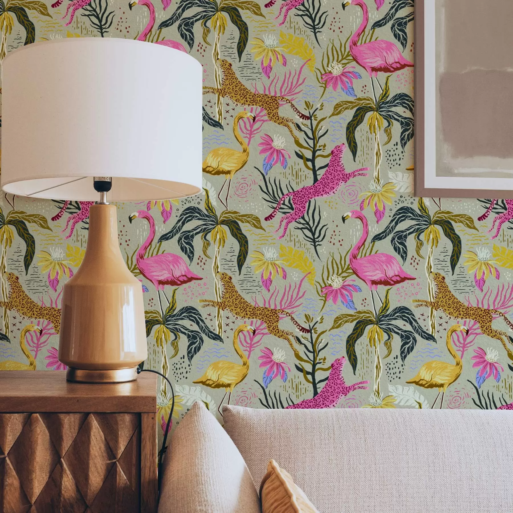 Papier peint Flamants roses et léopards parmi les plantes tropicales a00470