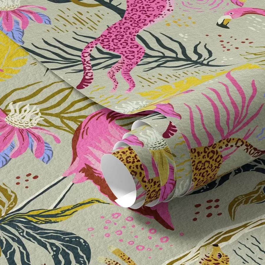 Papier peint Flamants roses et léopards parmi les plantes tropicales a00470