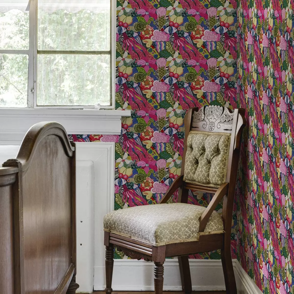 Papier peint Pop-art abstrait avec des fleurs, des baies et des motifs a00471