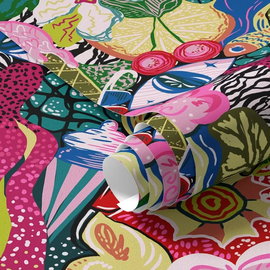 Papier peint Pop-art abstrait avec des fleurs, des baies et des motifs a00471