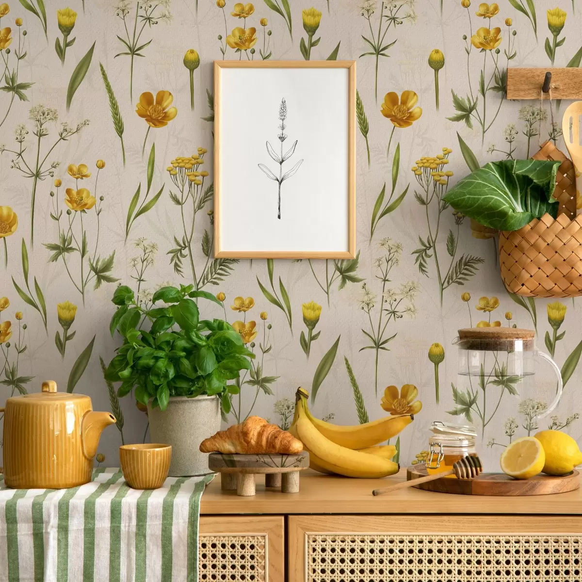 Papier peint Fleurs jaunes et verdure sur fond beige a00472v2