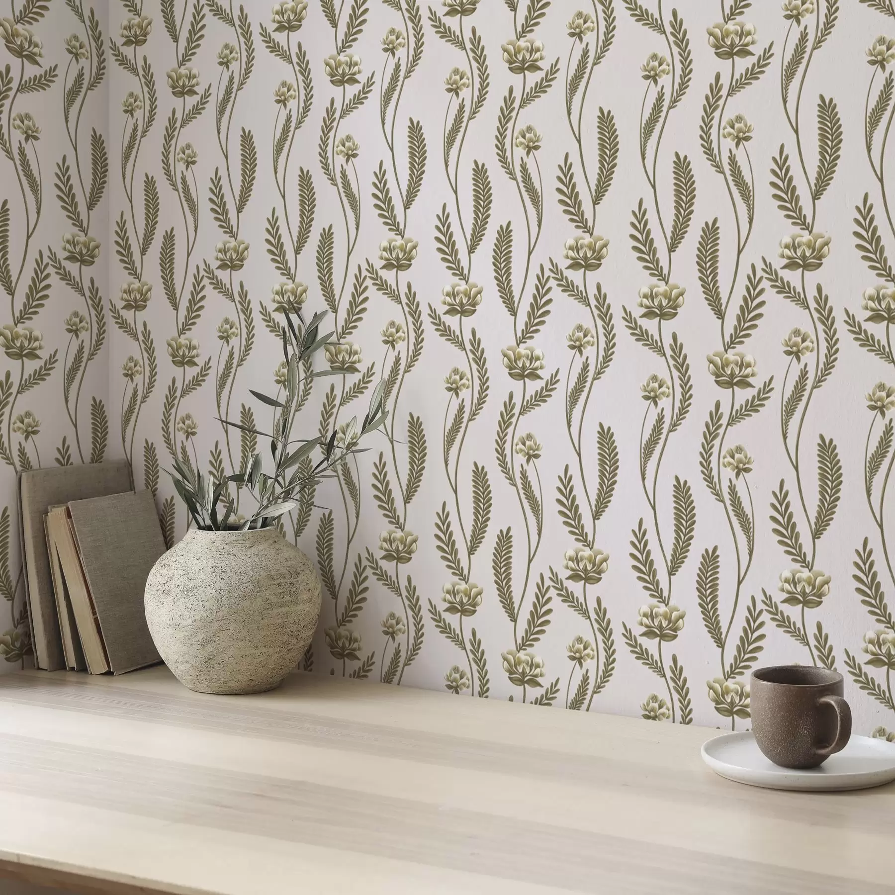 Papier peint Ornement vertical avec des fleurs blanches sur fond rose a00476