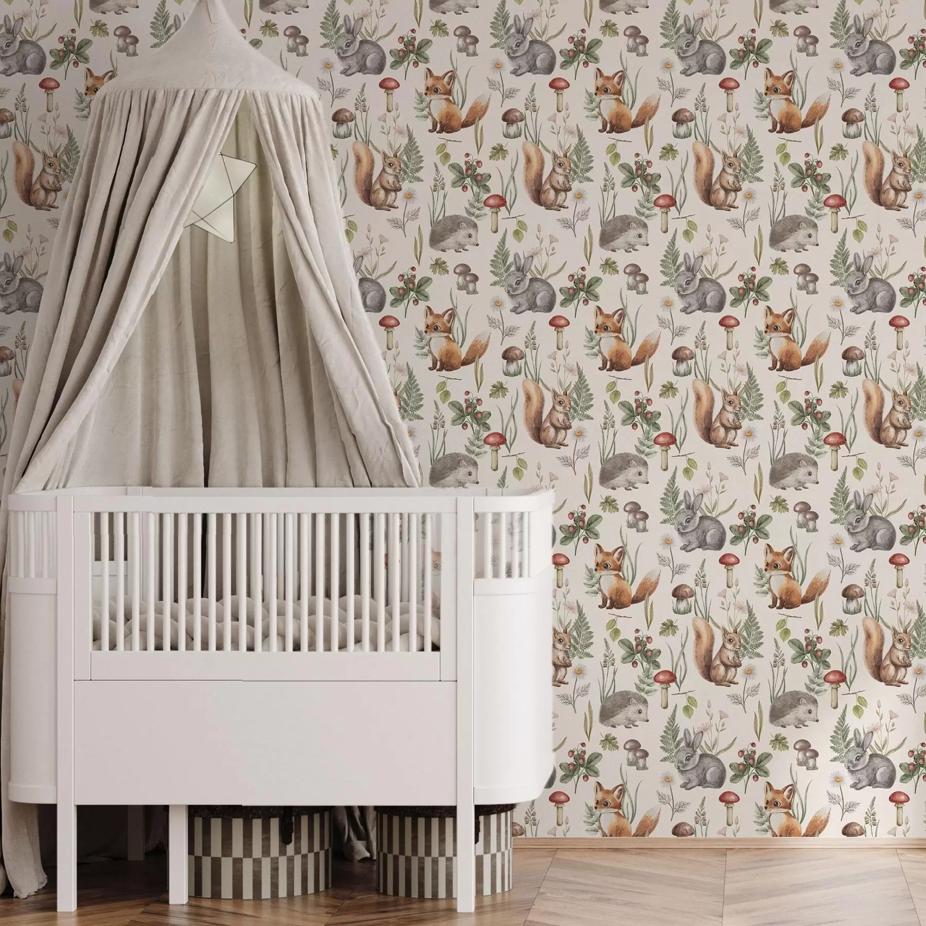 Papier peint Animaux, champignons et plantes de la forêt dans un style féerique a00477