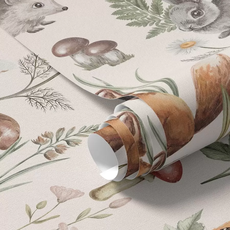 Papier peint Animaux, champignons et plantes de la forêt dans un style féerique a00477