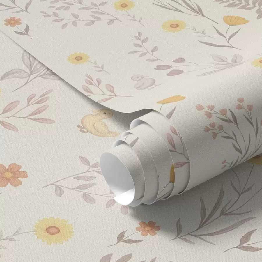 Papier peint Fleurs des champs et poules dans des tons pastel doux a00478