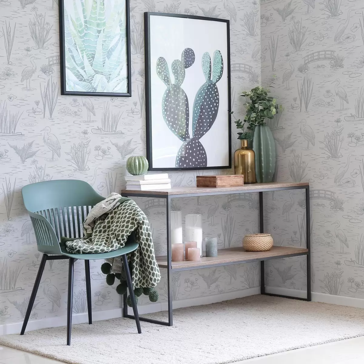Papier peint Dessin de hérons et de plantes aquatiques dans des tons gris calmes a00479