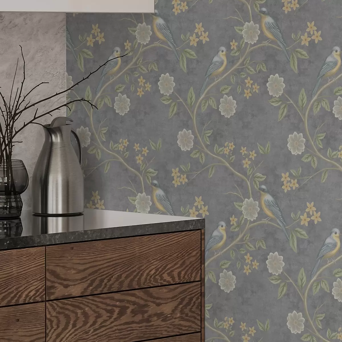 Papier peint Oiseaux sur des branches parmi des fleurs sur fond gris a00483
