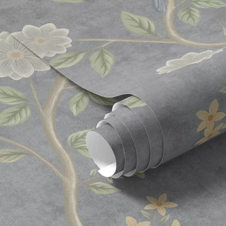 Papier peint Oiseaux sur des branches parmi des fleurs sur fond gris a00483