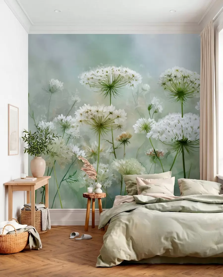 Papier peint délicates fleurs sauvages blanches Queen Anne, dans un style pittoresque, tons verts w04313