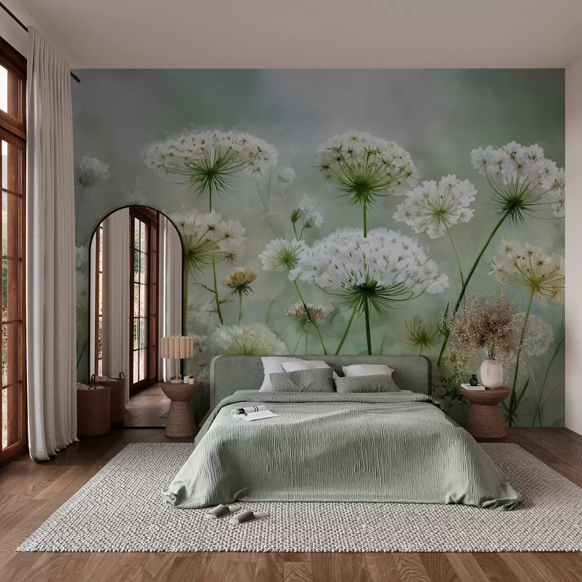 Papier peint délicates fleurs sauvages blanches Queen Anne, dans un style pittoresque, tons verts w04313