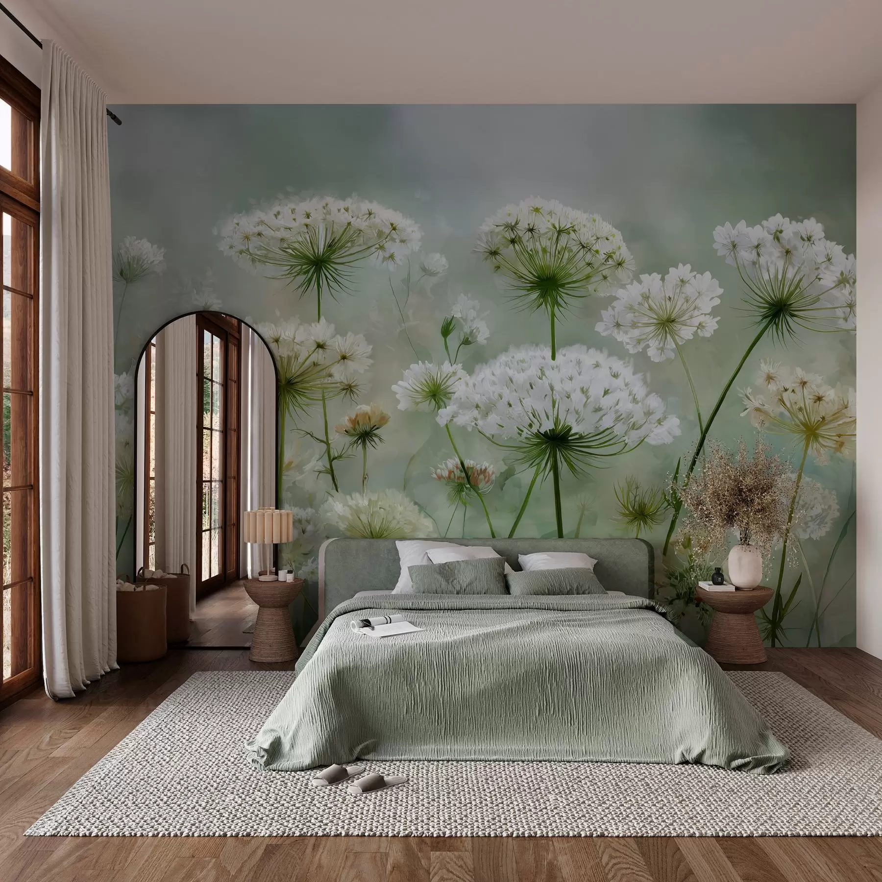 Papier peint délicates fleurs sauvages blanches Queen Anne, dans un style pittoresque, tons verts w04313