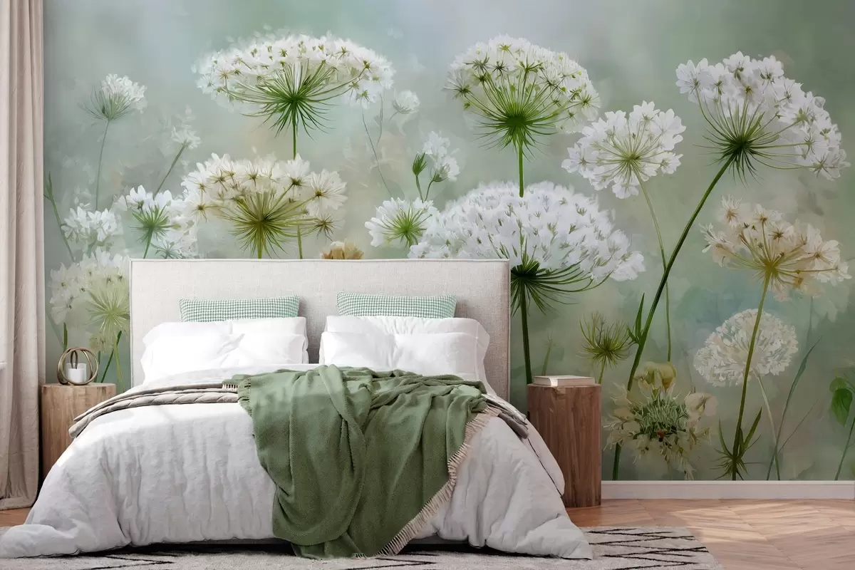 Papier peint délicates fleurs sauvages blanches Queen Anne, dans un style pittoresque, tons verts w04313