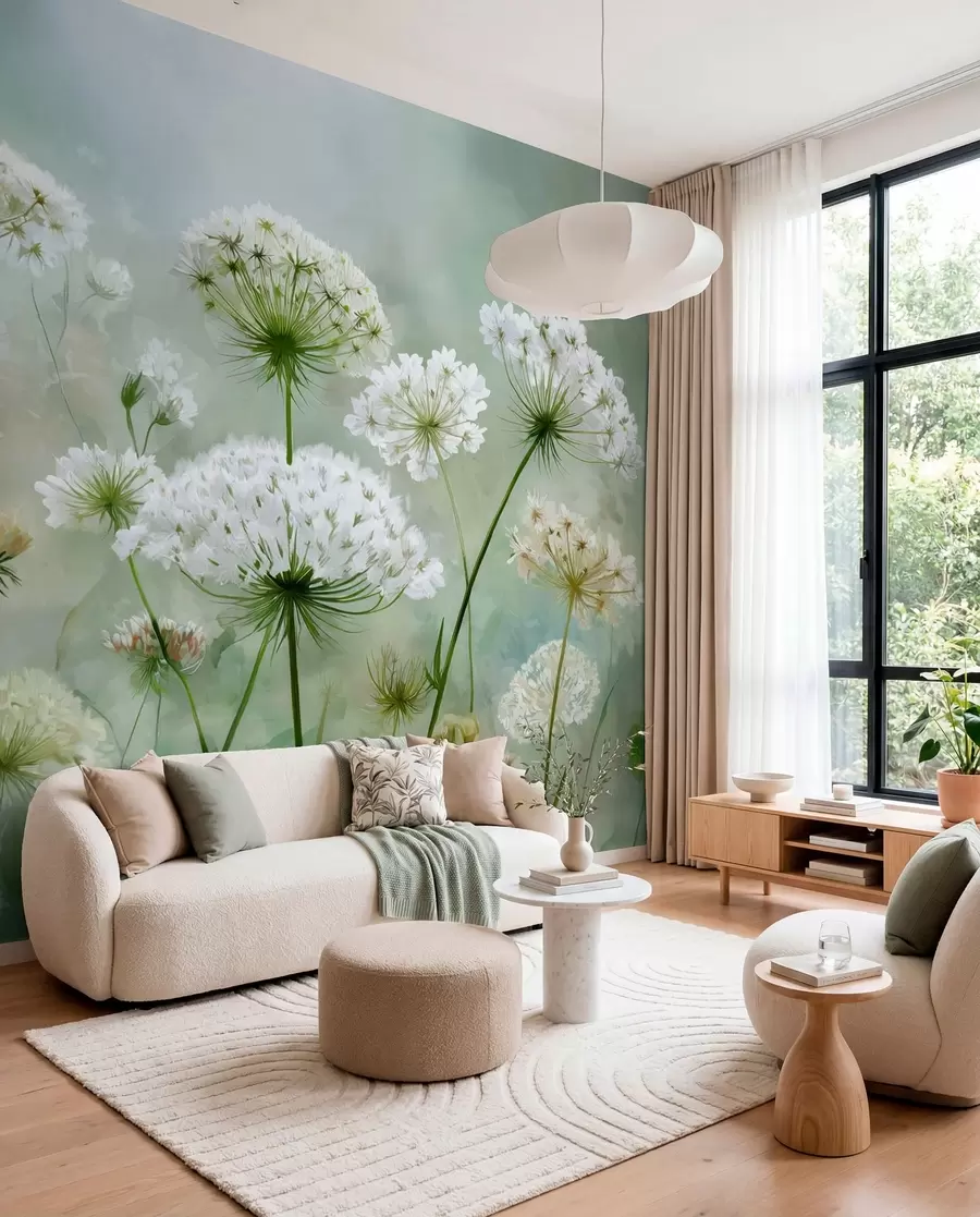 Papier peint délicates fleurs sauvages blanches Queen Anne, dans un style pittoresque, tons verts w04313