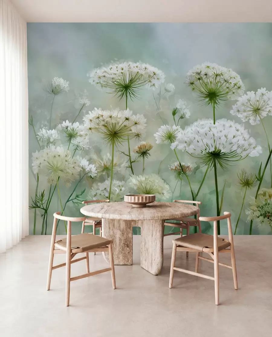 Papier peint délicates fleurs sauvages blanches Queen Anne, dans un style pittoresque, tons verts w04313