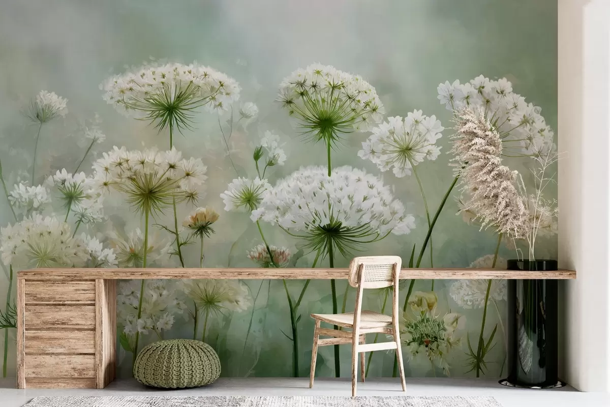 Papier peint délicates fleurs sauvages blanches Queen Anne, dans un style pittoresque, tons verts w04313