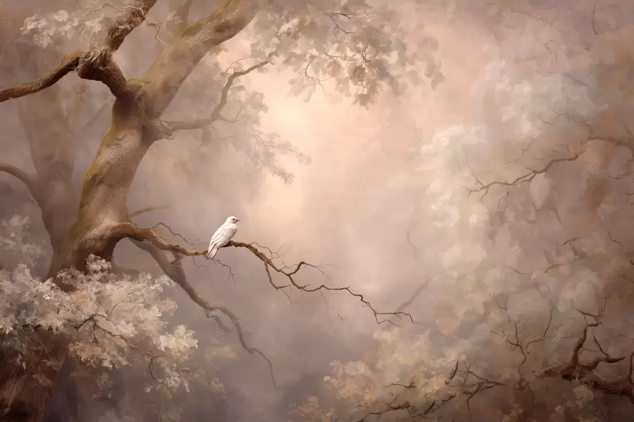 Papier peint forêt mystique avec un oiseau blanc w04314