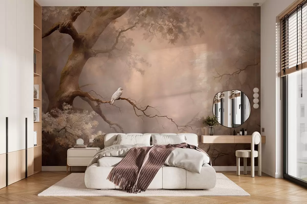 Papier peint forêt mystique avec un oiseau blanc w04314