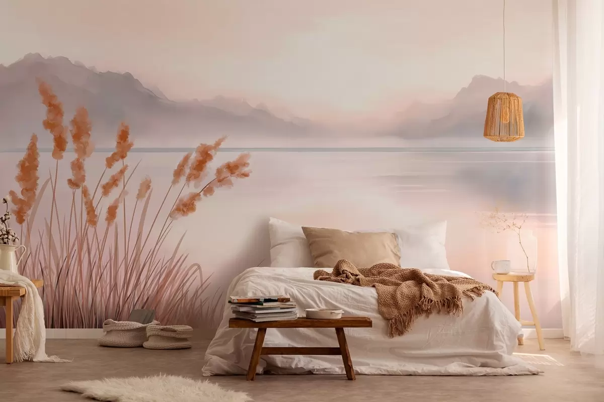 Papier peint un lac pittoresque avec des roseaux et des montagnes w04315