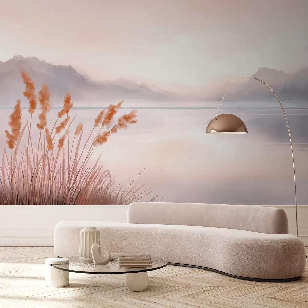 Papier peint un lac pittoresque avec des roseaux et des montagnes w04315