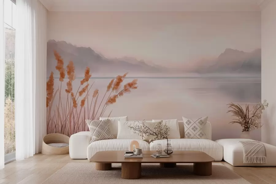 Papier peint un lac pittoresque avec des roseaux et des montagnes w04315