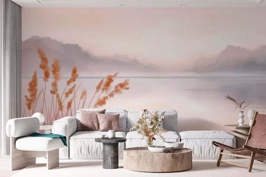 Papier peint un lac pittoresque avec des roseaux et des montagnes w04315