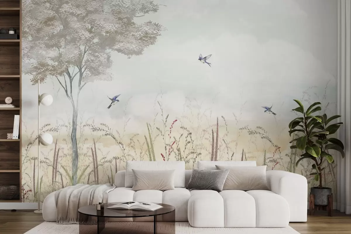 Papier peint Paysage avec arbre, oiseaux et herbes de prairie w04350