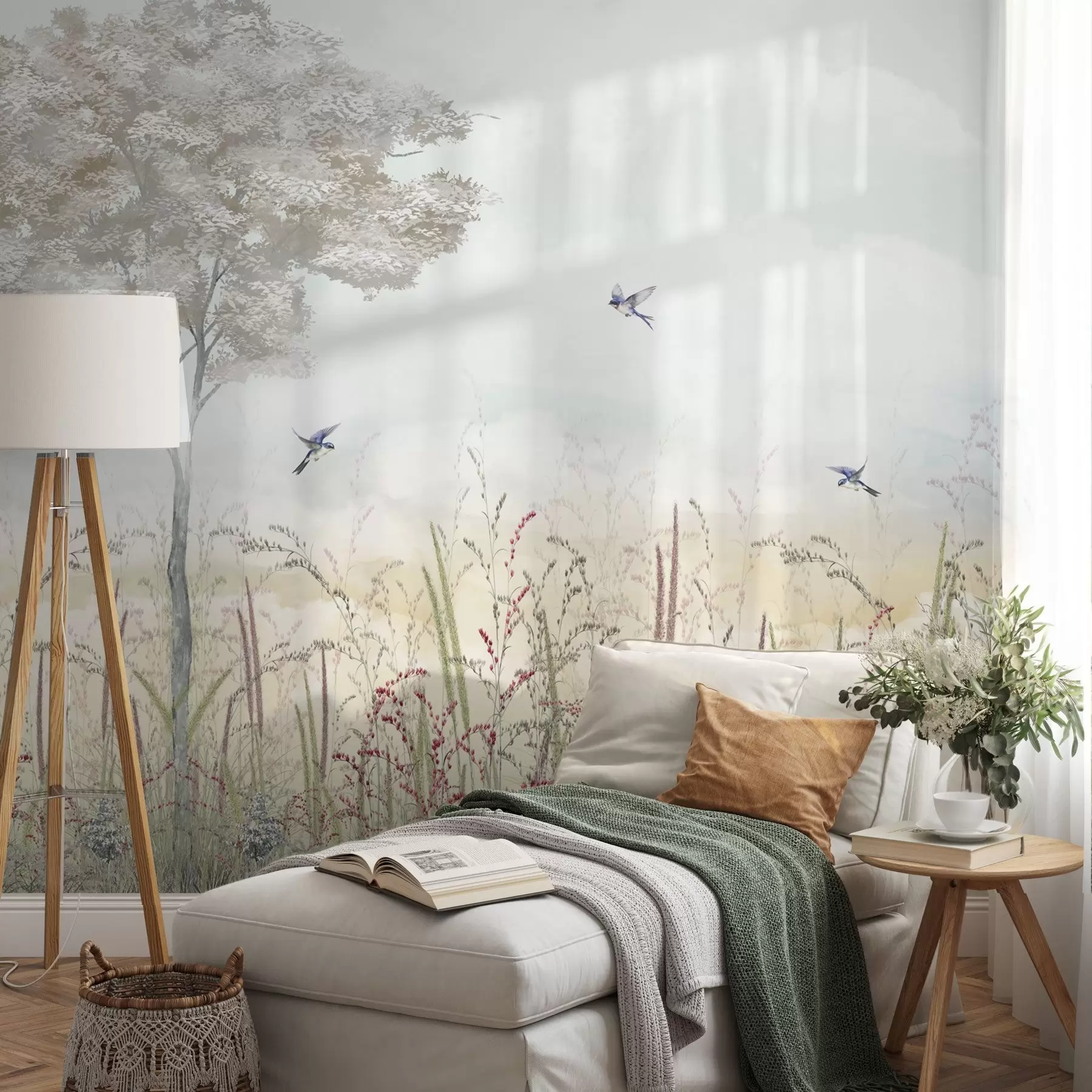 Papier peint Paysage avec arbre, oiseaux et herbes de prairie w04350