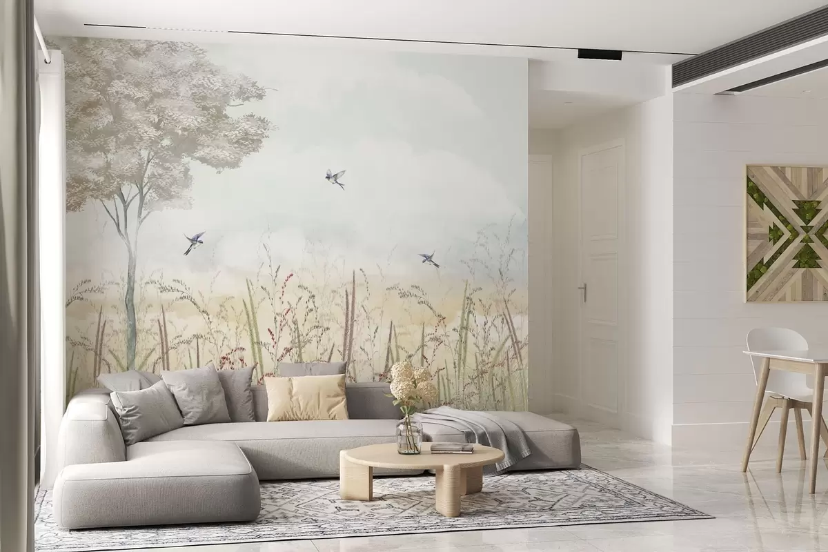 Papier peint Paysage avec arbre, oiseaux et herbes de prairie w04350