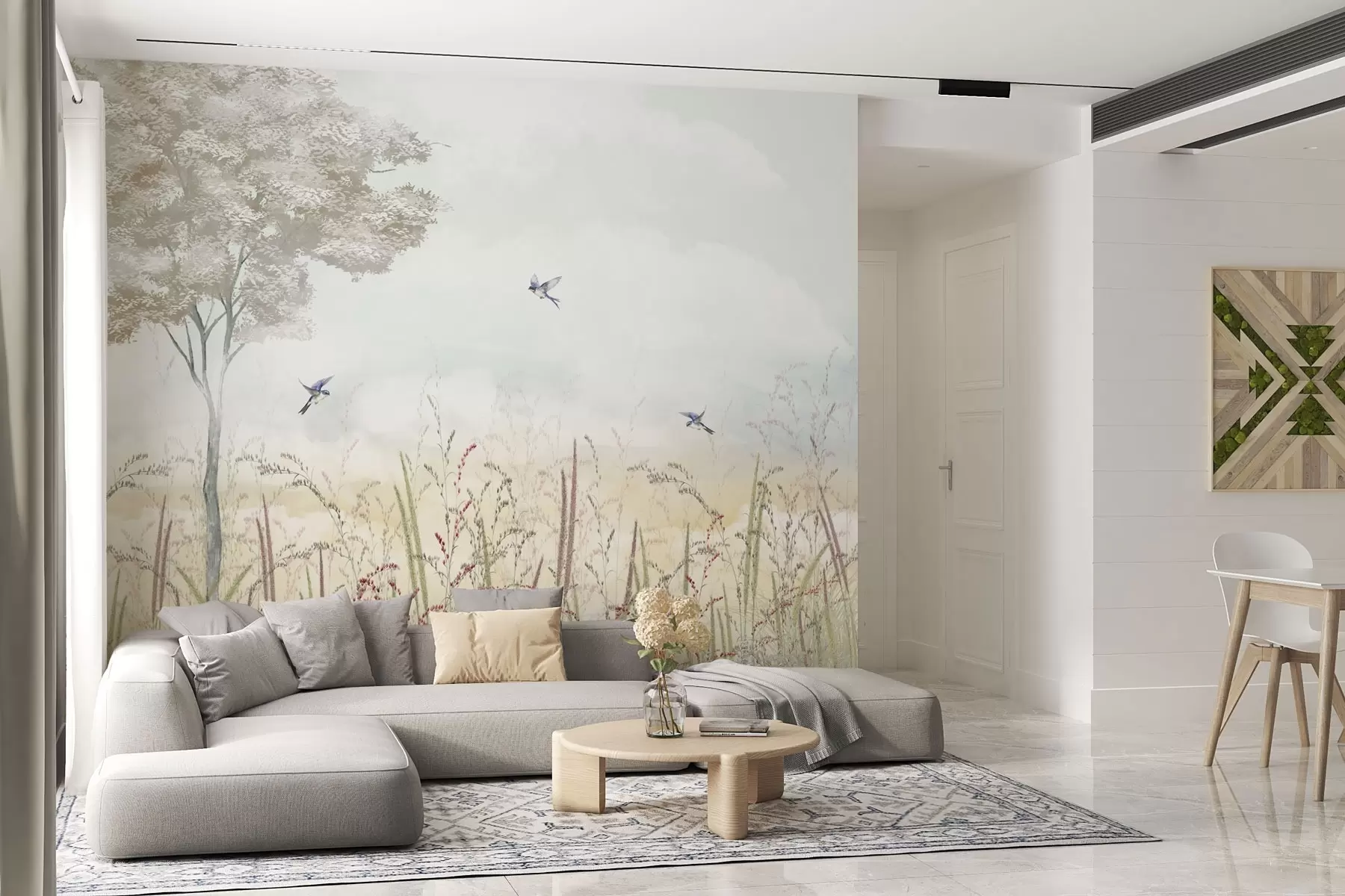 Papier peint Paysage avec arbre, oiseaux et herbes de prairie w04350