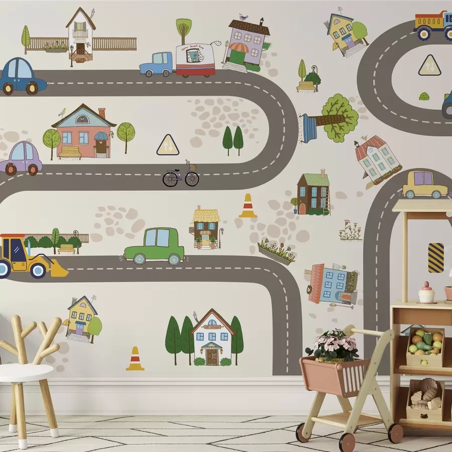 Papier peint Route pour enfants avec voitures et maisons colorées w04404