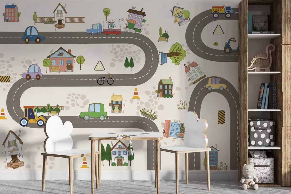 Papier peint Route pour enfants avec voitures et maisons colorées w04404
