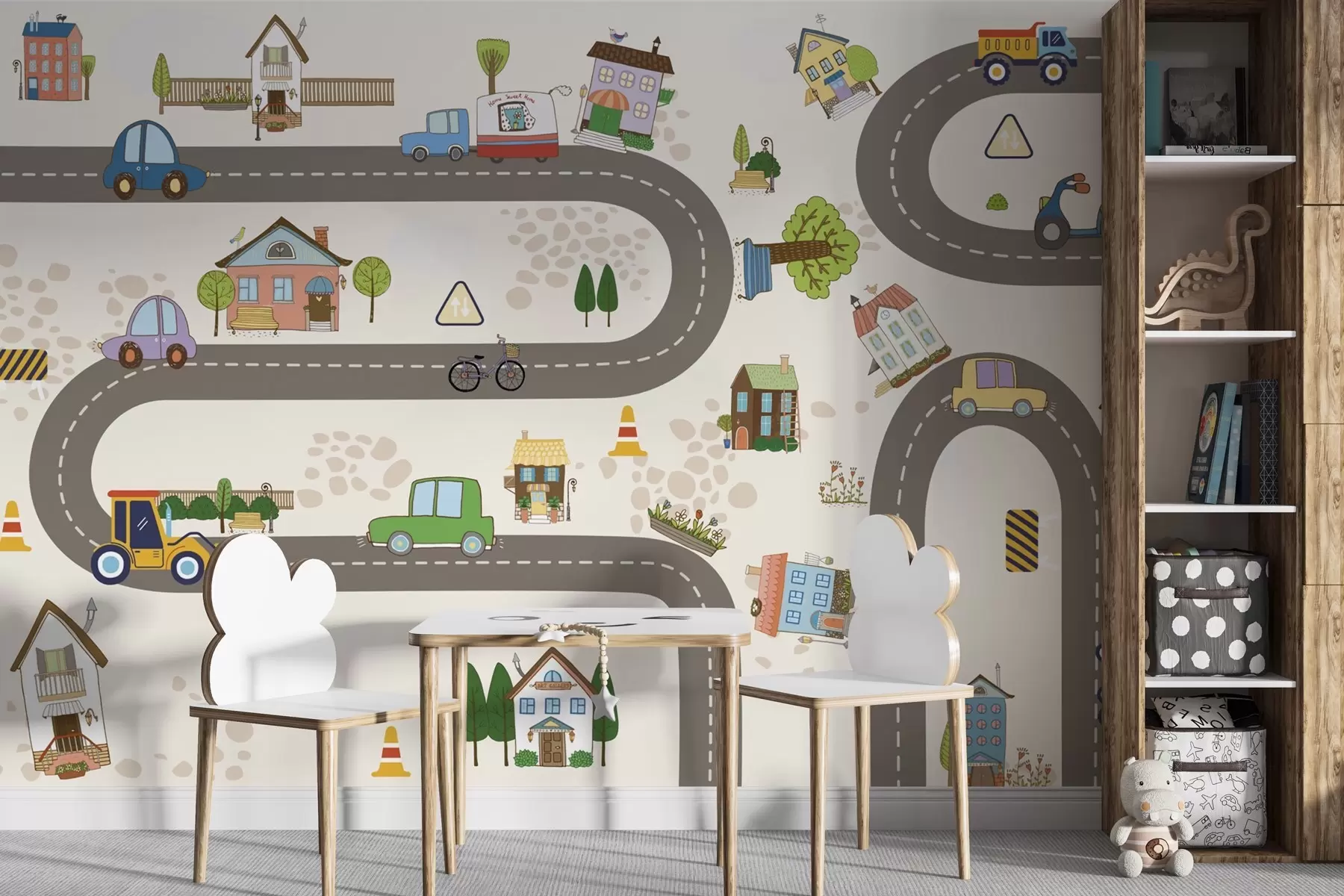 Papier peint Route pour enfants avec voitures et maisons colorées w04404