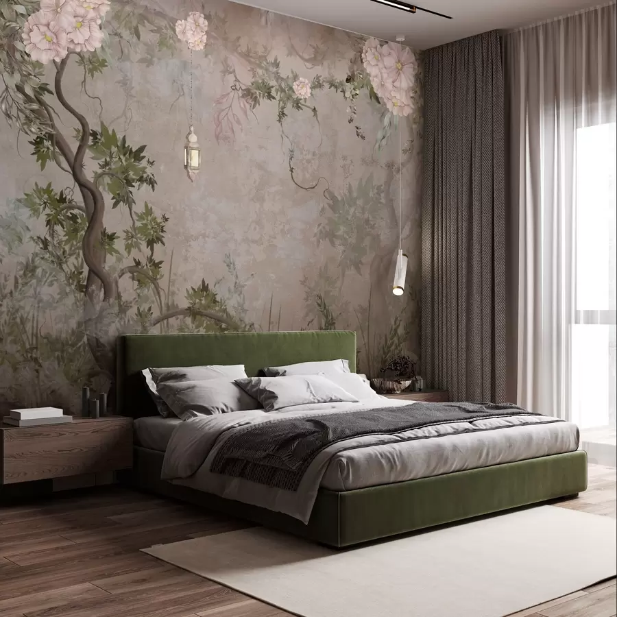 Papier peint Jardin de fées avec fleurs, arbres et lanterne w04416