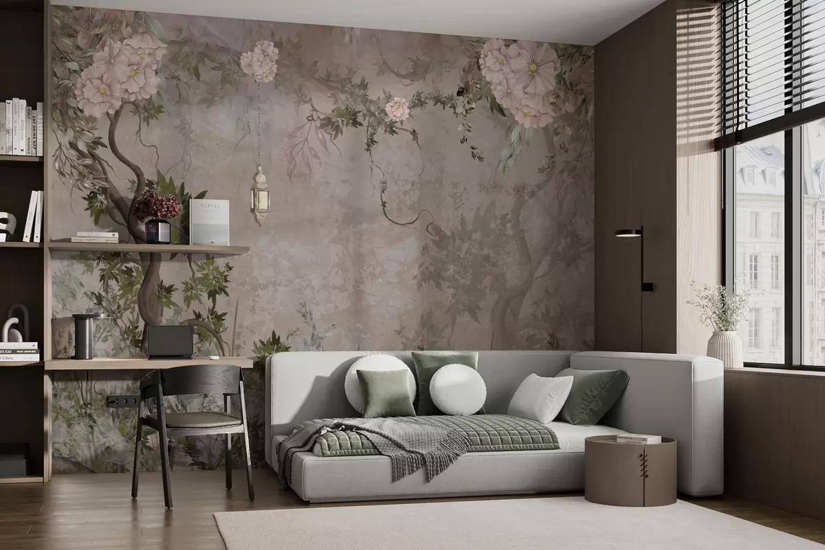 Papier peint Jardin de fées avec fleurs, arbres et lanterne w04416