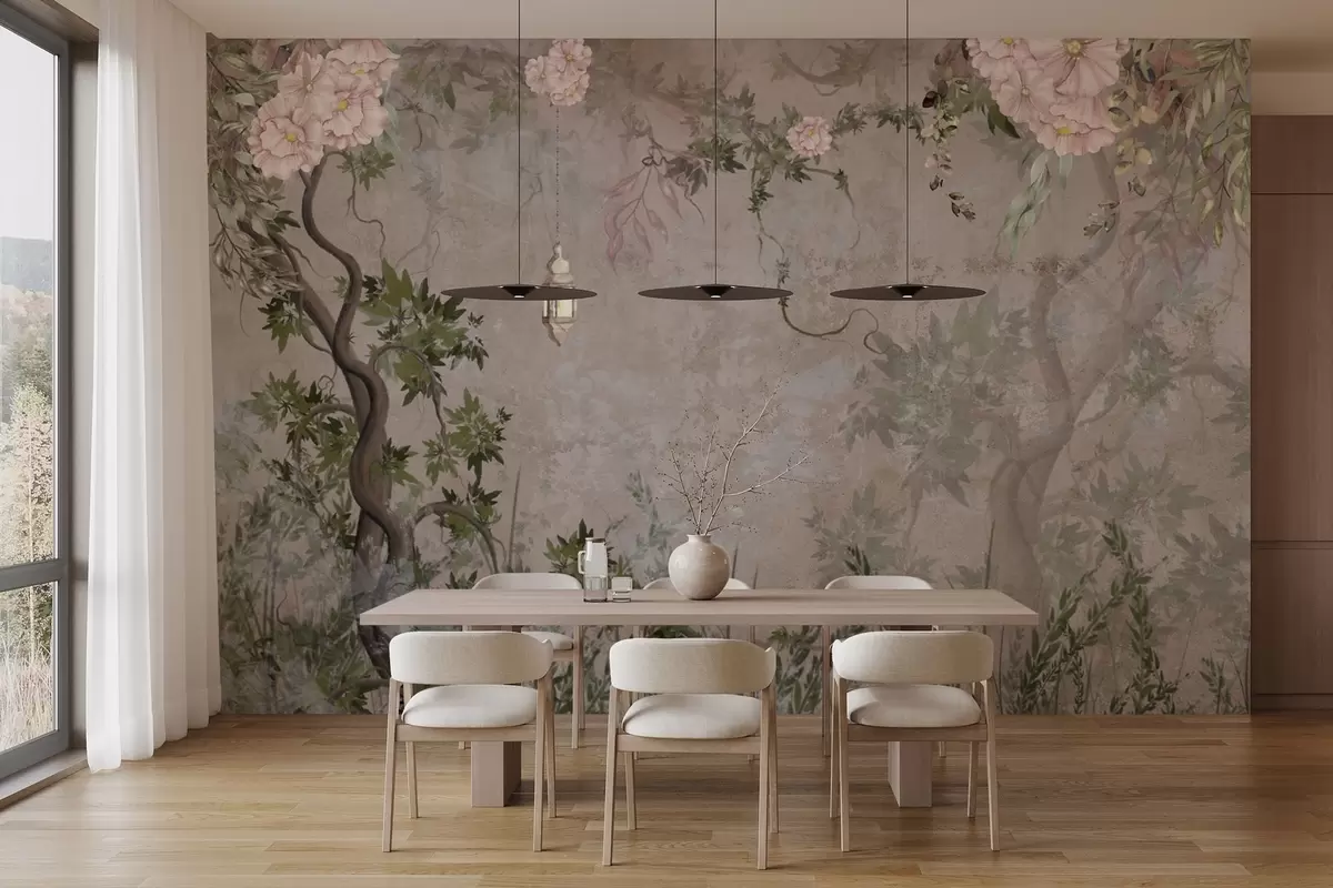 Papier peint Jardin de fées avec fleurs, arbres et lanterne w04416