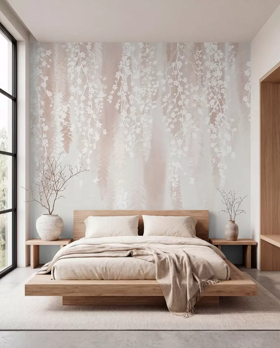 Papier peint Branches légères avec des fleurs blanches sur un fond doux w04417