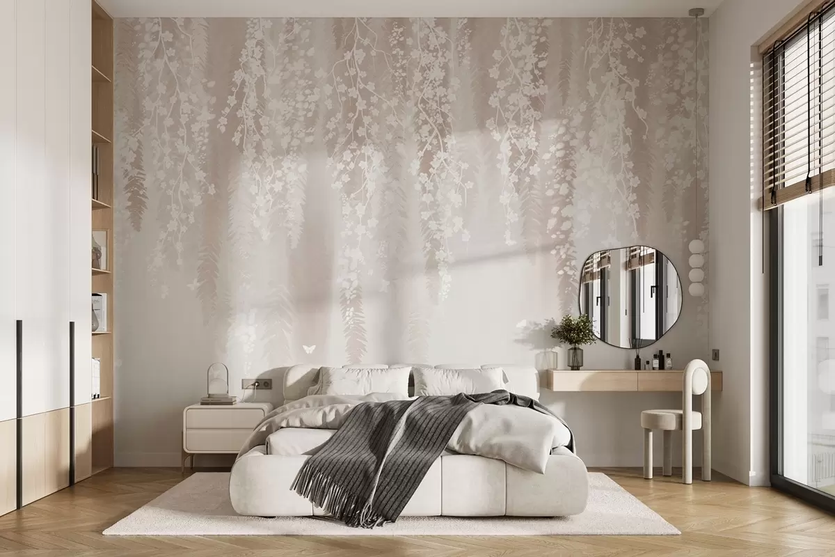 Papier peint Branches légères avec des fleurs blanches sur un fond doux w04417