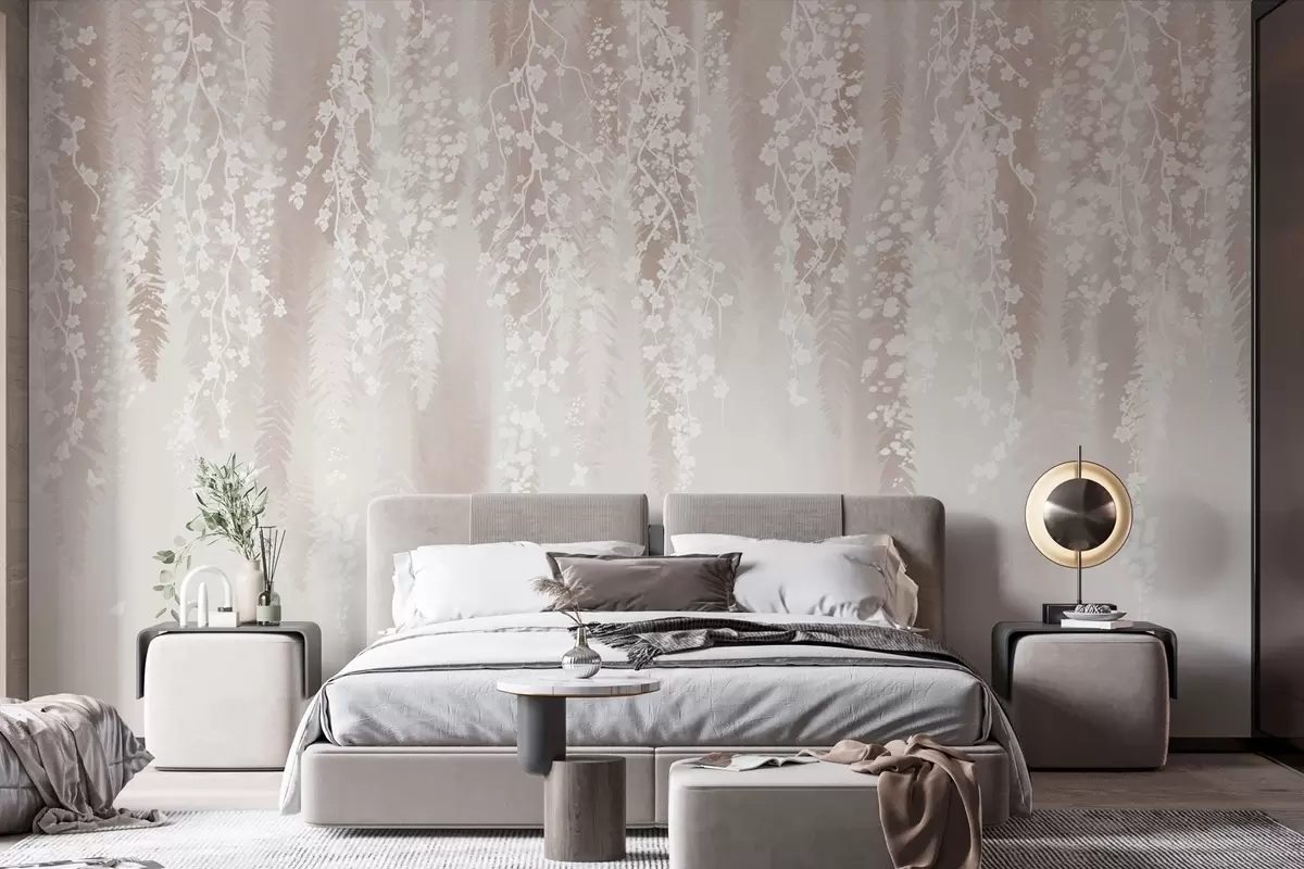 Papier peint Branches légères avec des fleurs blanches sur un fond doux w04417