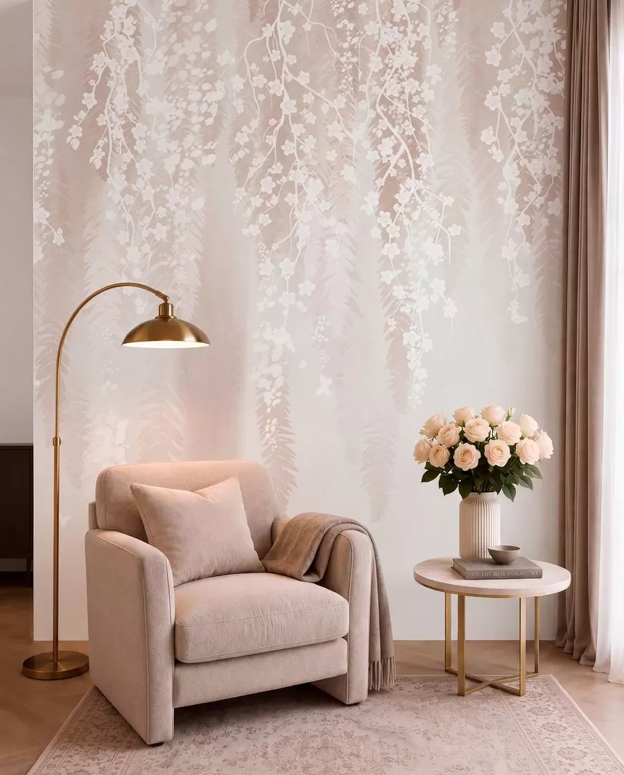 Papier peint Branches légères avec des fleurs blanches sur un fond doux w04417