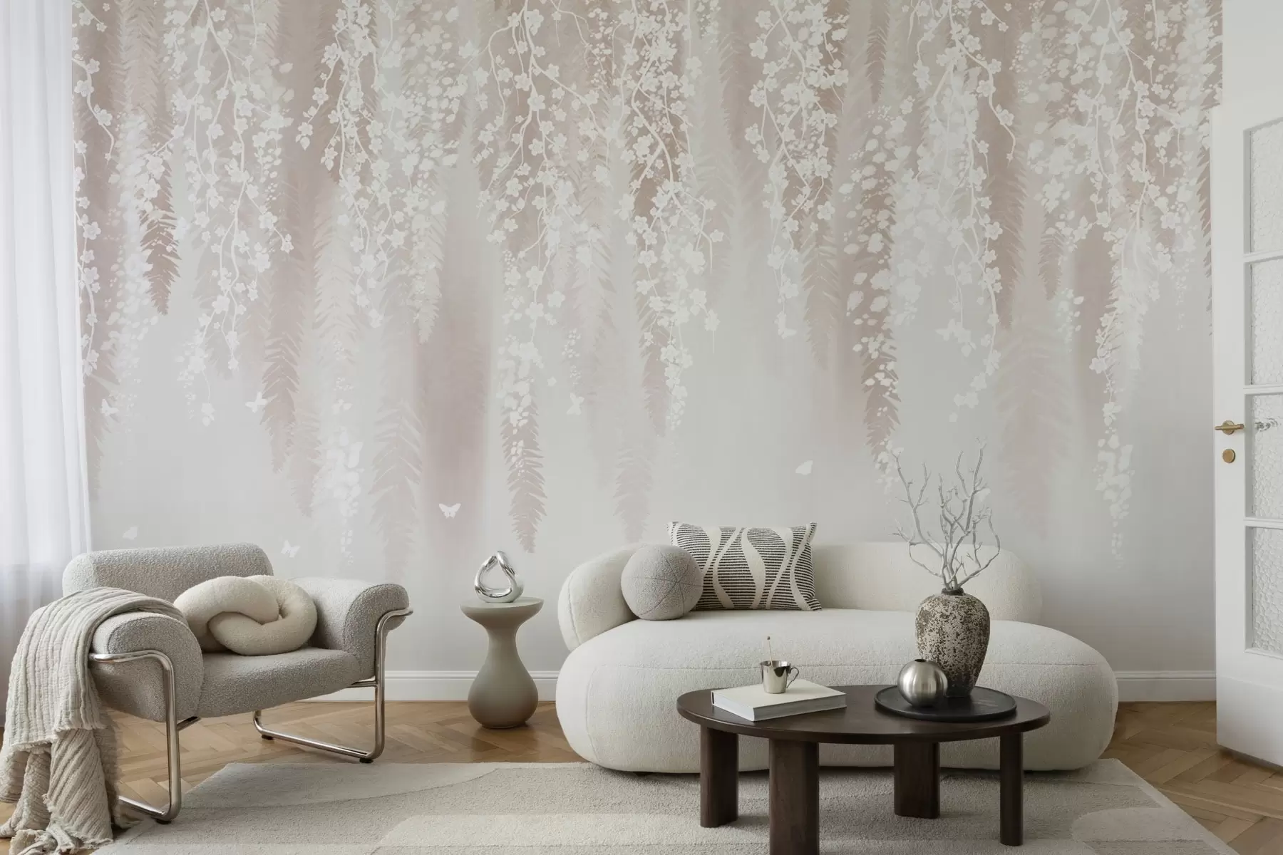 Papier peint Branches légères avec des fleurs blanches sur un fond doux w04417