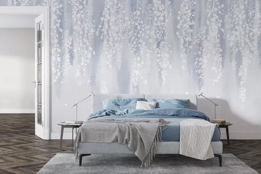 Papier peint Version bleue des branches avec des fleurs blanches w04417v2