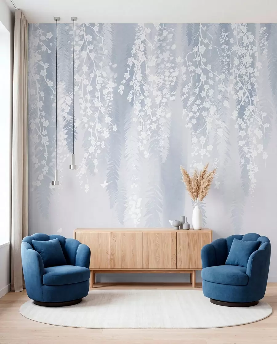 Papier peint Version bleue des branches avec des fleurs blanches w04417v2