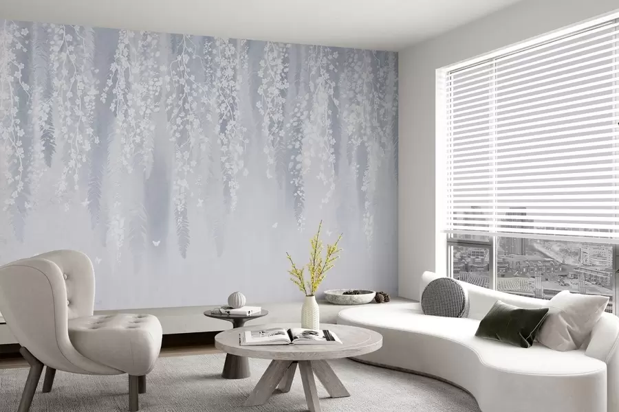 Papier peint Version bleue des branches avec des fleurs blanches w04417v2