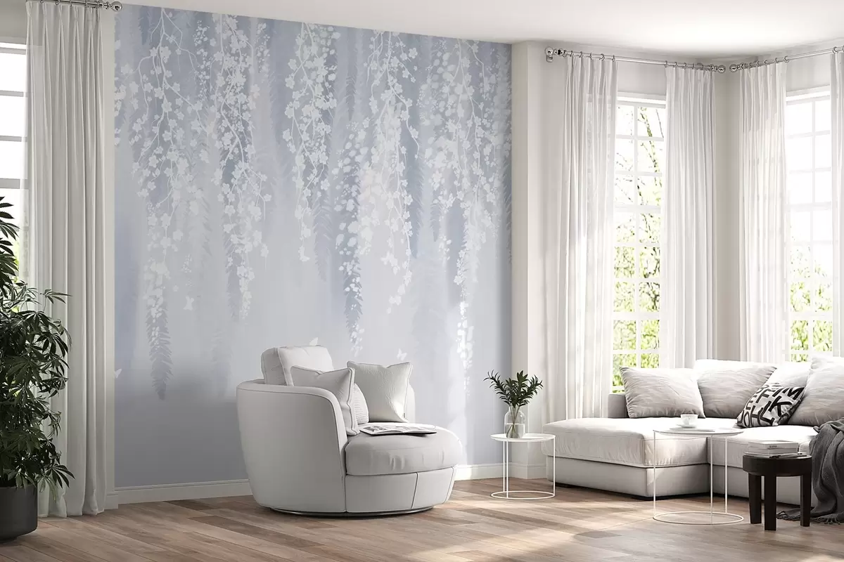 Papier peint Version bleue des branches avec des fleurs blanches w04417v2
