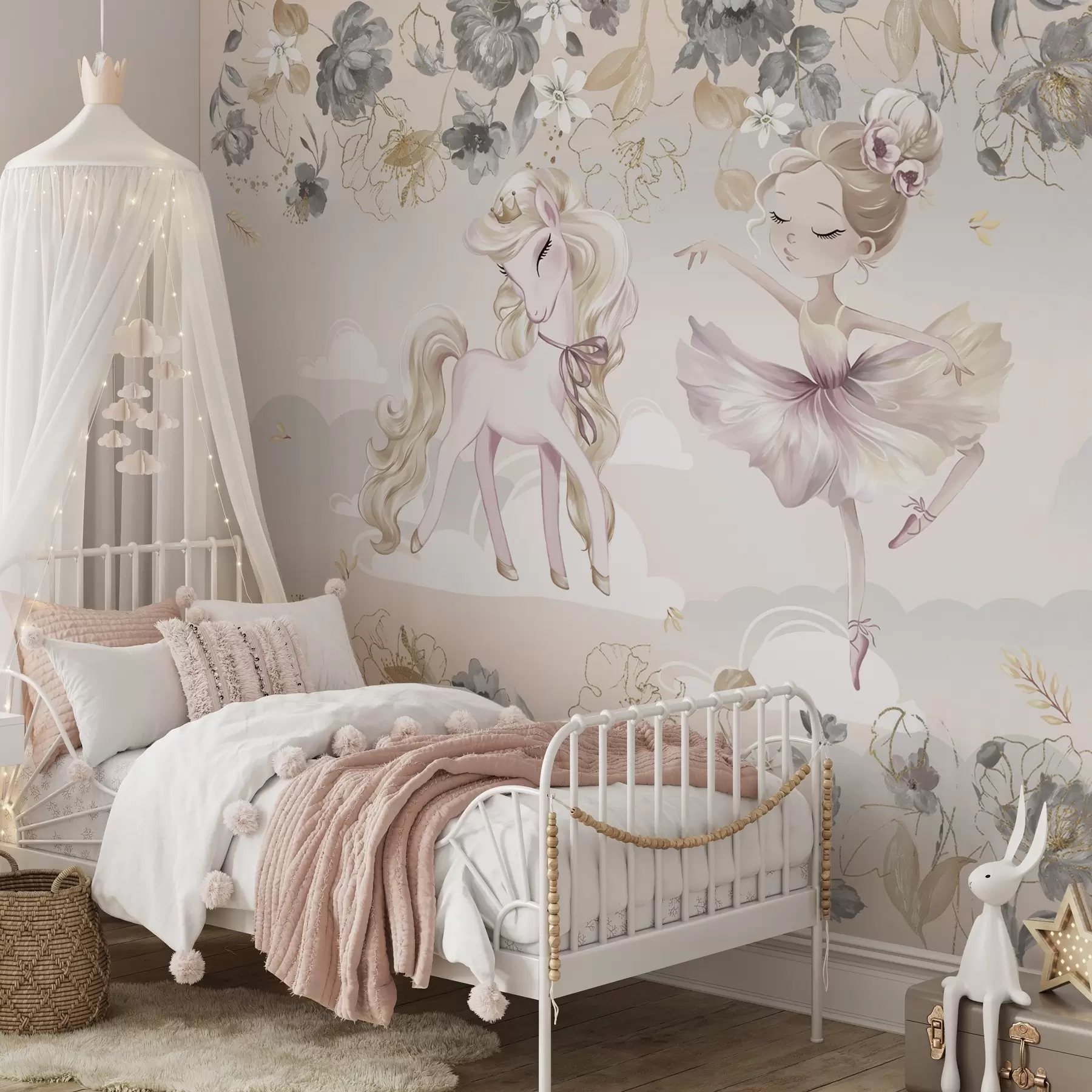 Papier peint Poney blanc comme neige et ballerine parmi les fleurs et les nuages w04419