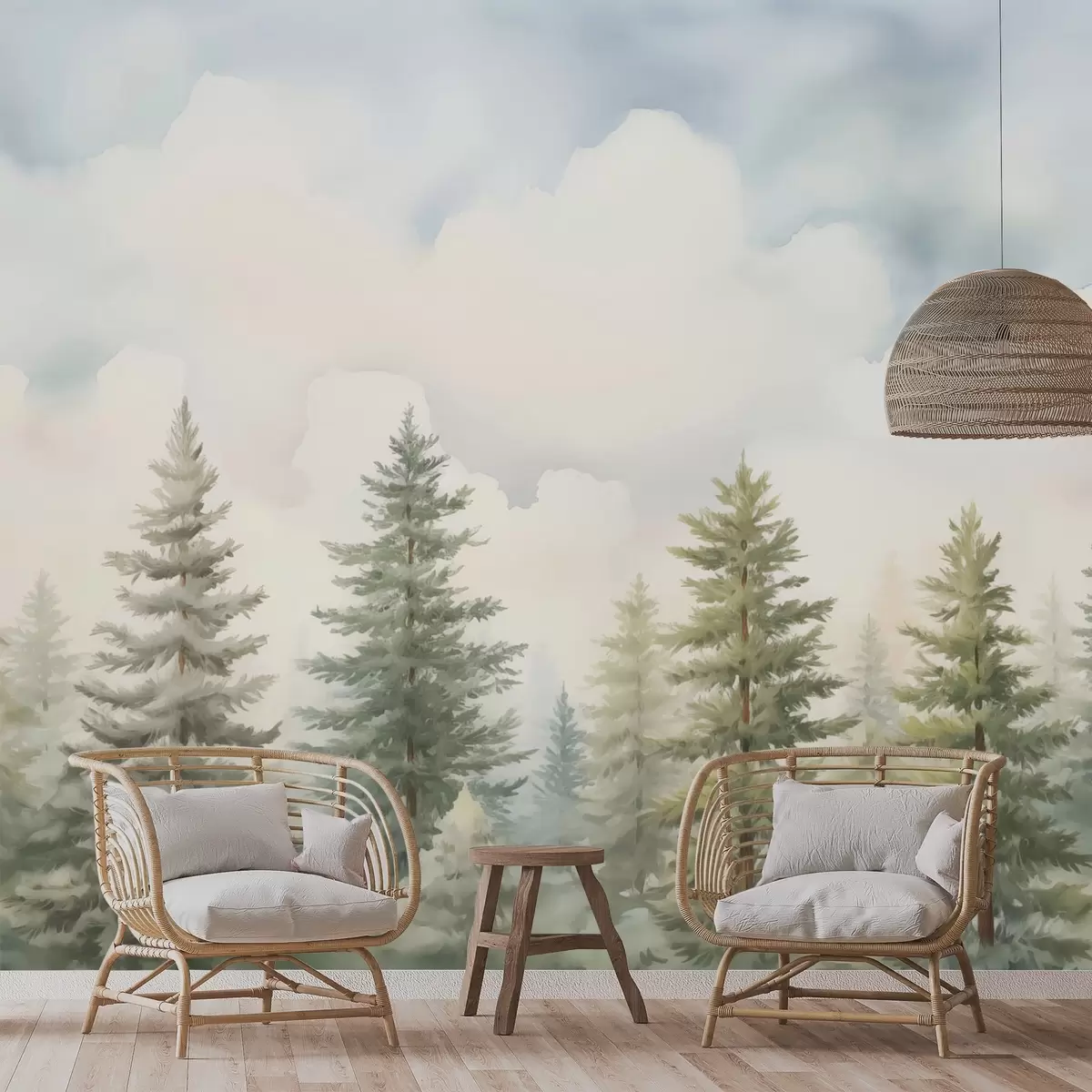 Papier peint Peinture imitation forêt de conifères w04414