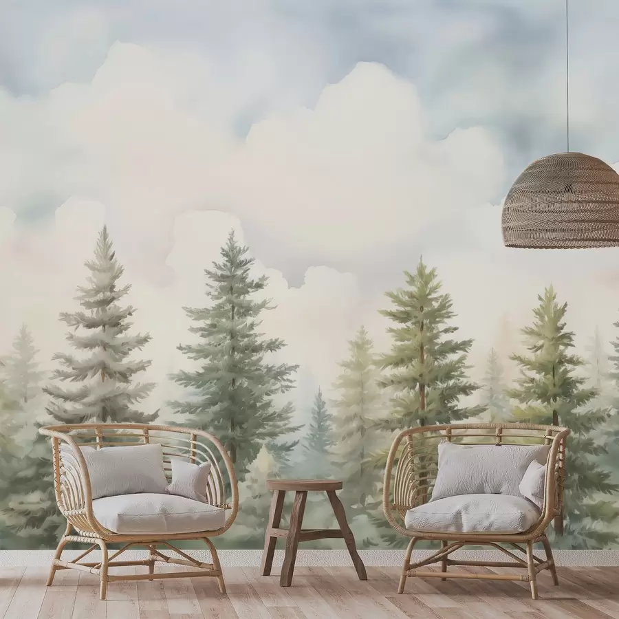 Papier peint Peinture imitation forêt de conifères w04414