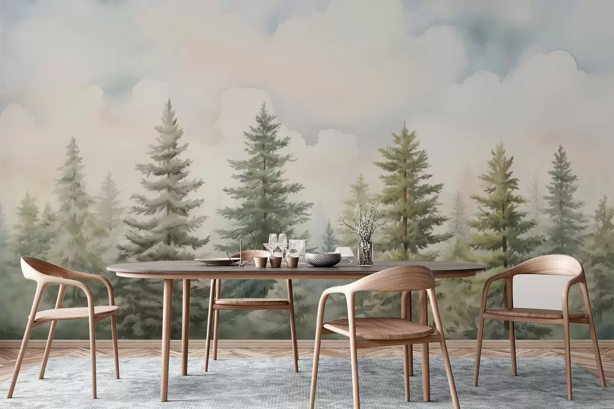 Papier peint Peinture imitation forêt de conifères w04414