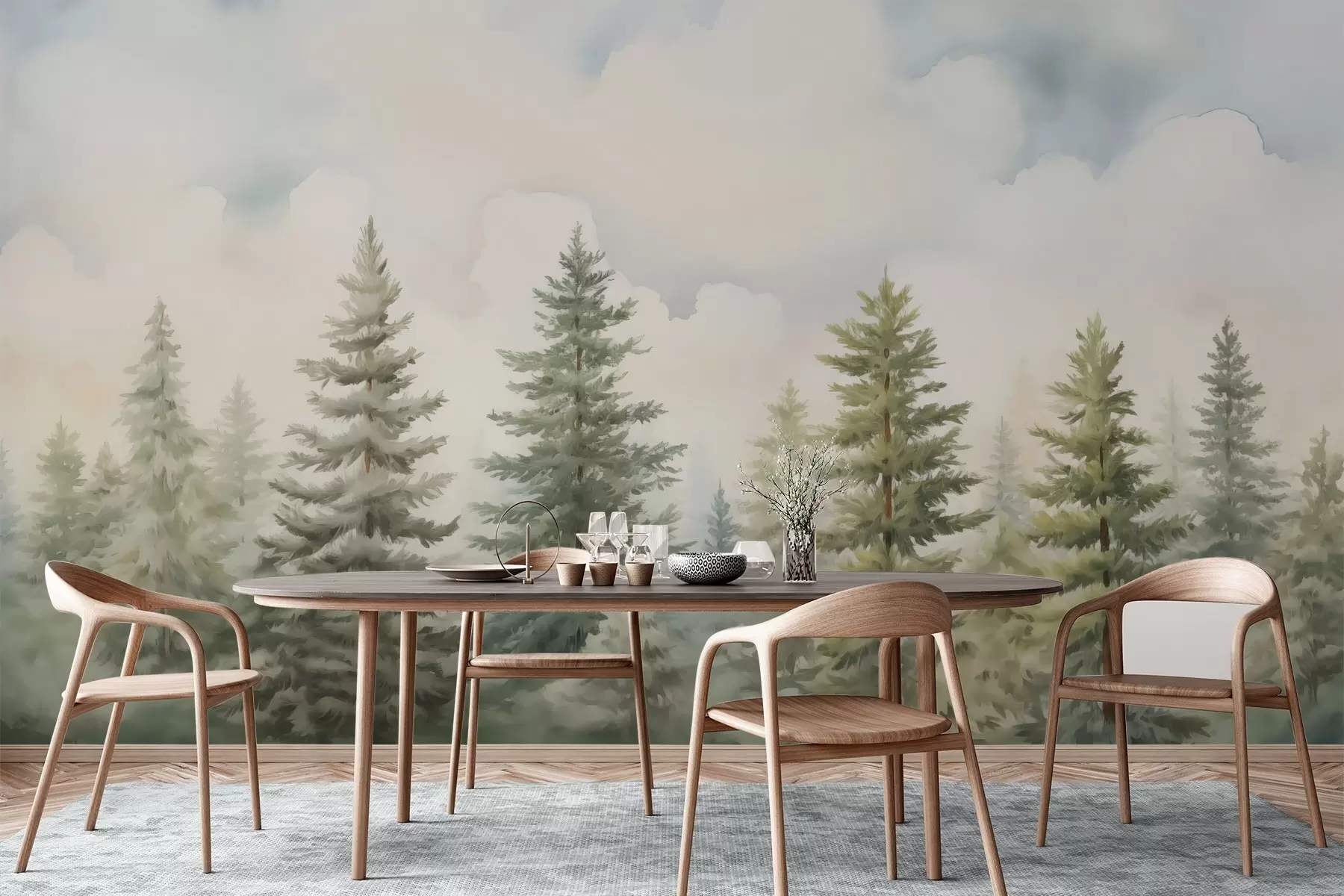 Papier peint Peinture imitation forêt de conifères w04414